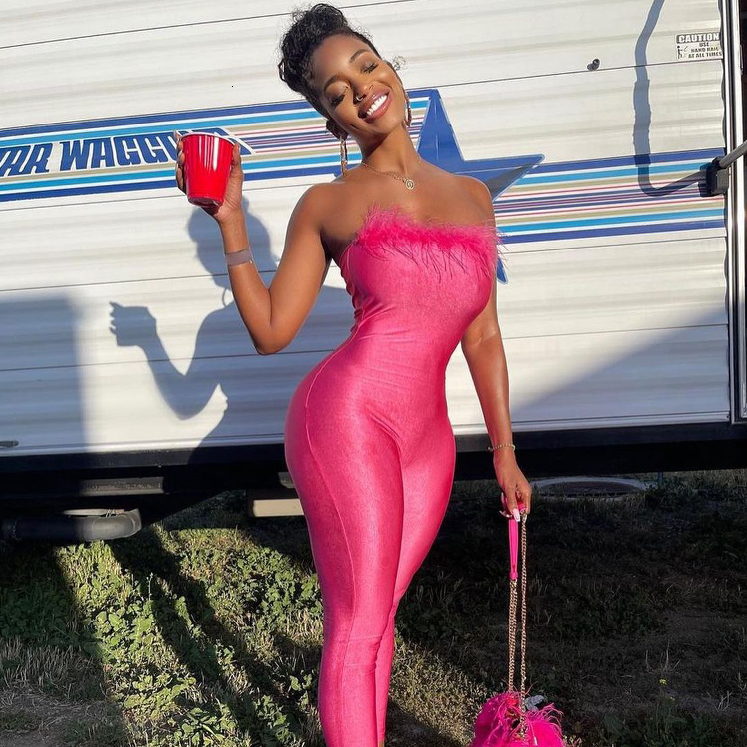 Velvet Feather Jumpsuits Elegant Outfit Bodycon Winter Clothes Long Sleeve One Piece Women Club Jumpsuit Bodysuit 241224