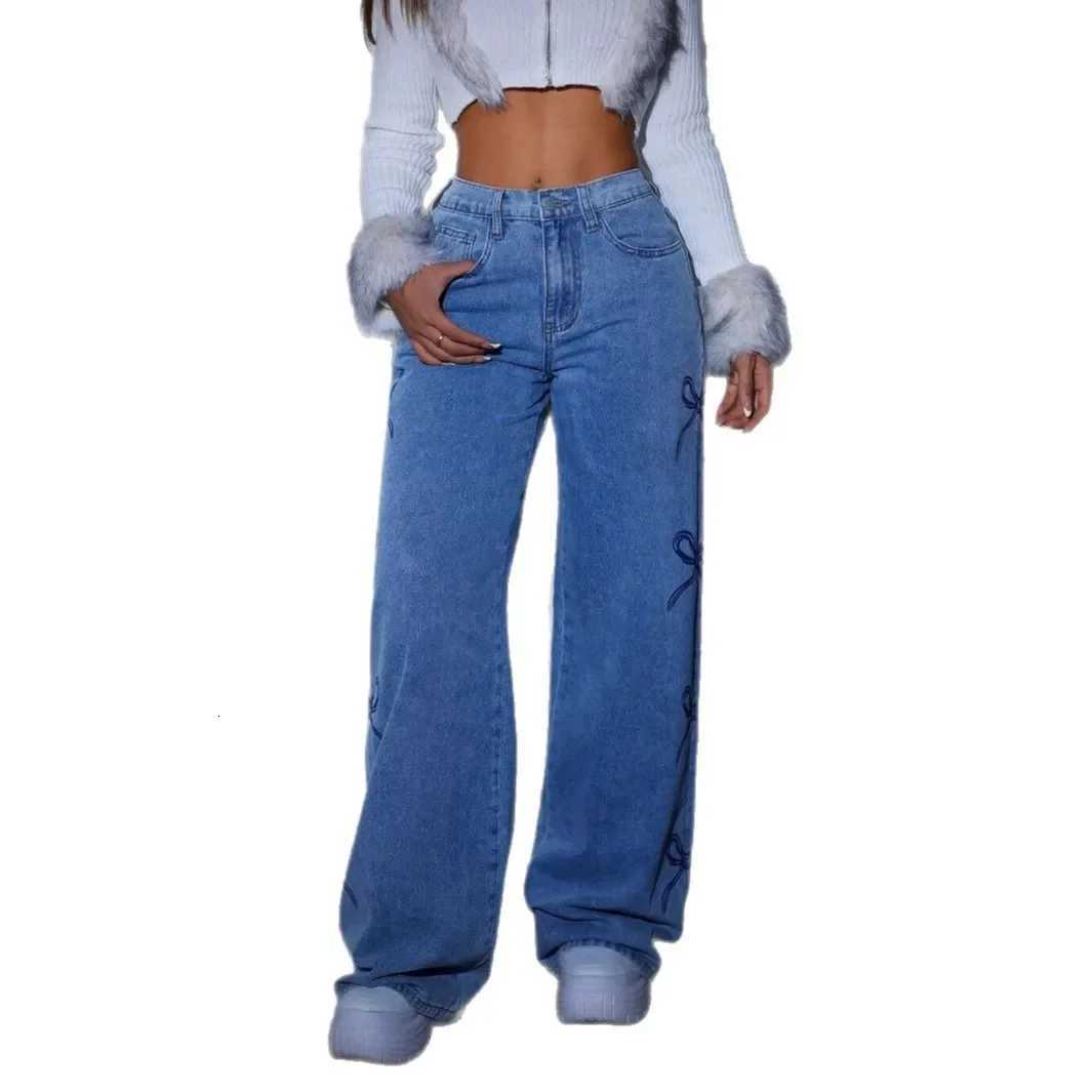 Denim Pants Women Bow Print Jeans High Waist Washed Distressed Straight Trousers Vintage Floor Length Streetwear Wide Leg PantsT251208