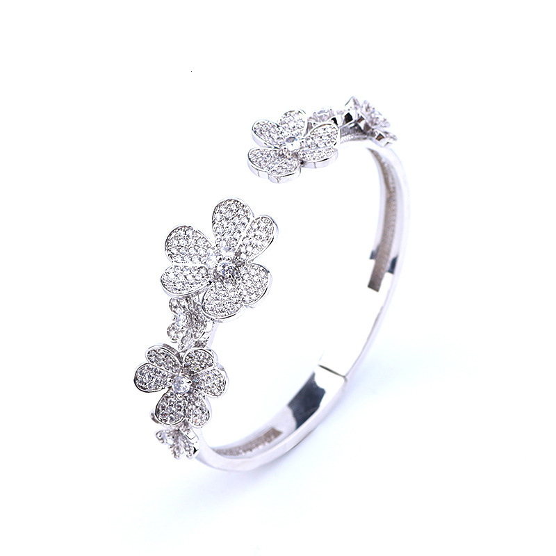 Fashion Full Zircon Three-Leaf Flower Bracelet Fresh Open Ring Set For Women Light Luxury Elegant Jewelry 79