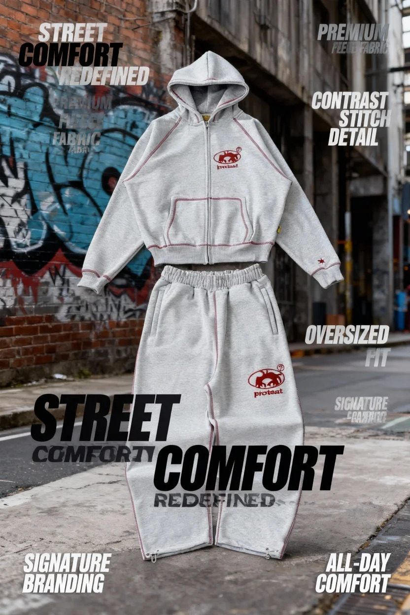 Mens Y2K 2 Piece Tracksuit Set Oversized Hoodie Sweatpants Contrast Stitch Loungewear Fleece Outfit Grey Athletic Jogger Suit 251204