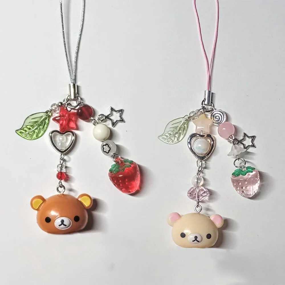 Handmadede Small Bell Bear Pendant Phone Charms Y2K Fairy Core Strawberry Rilakkuma Beaded Keychain Bag Accessories for GirlsXJ251208