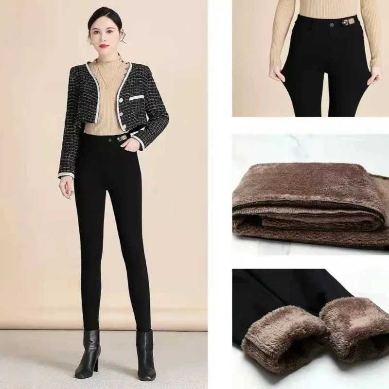 Lamb Fleece Thickened Jeans Womens Elastic Waist Large Size Small Pants Fat Mm Thin Fleece Winter Elastic Pencil PantsT251208