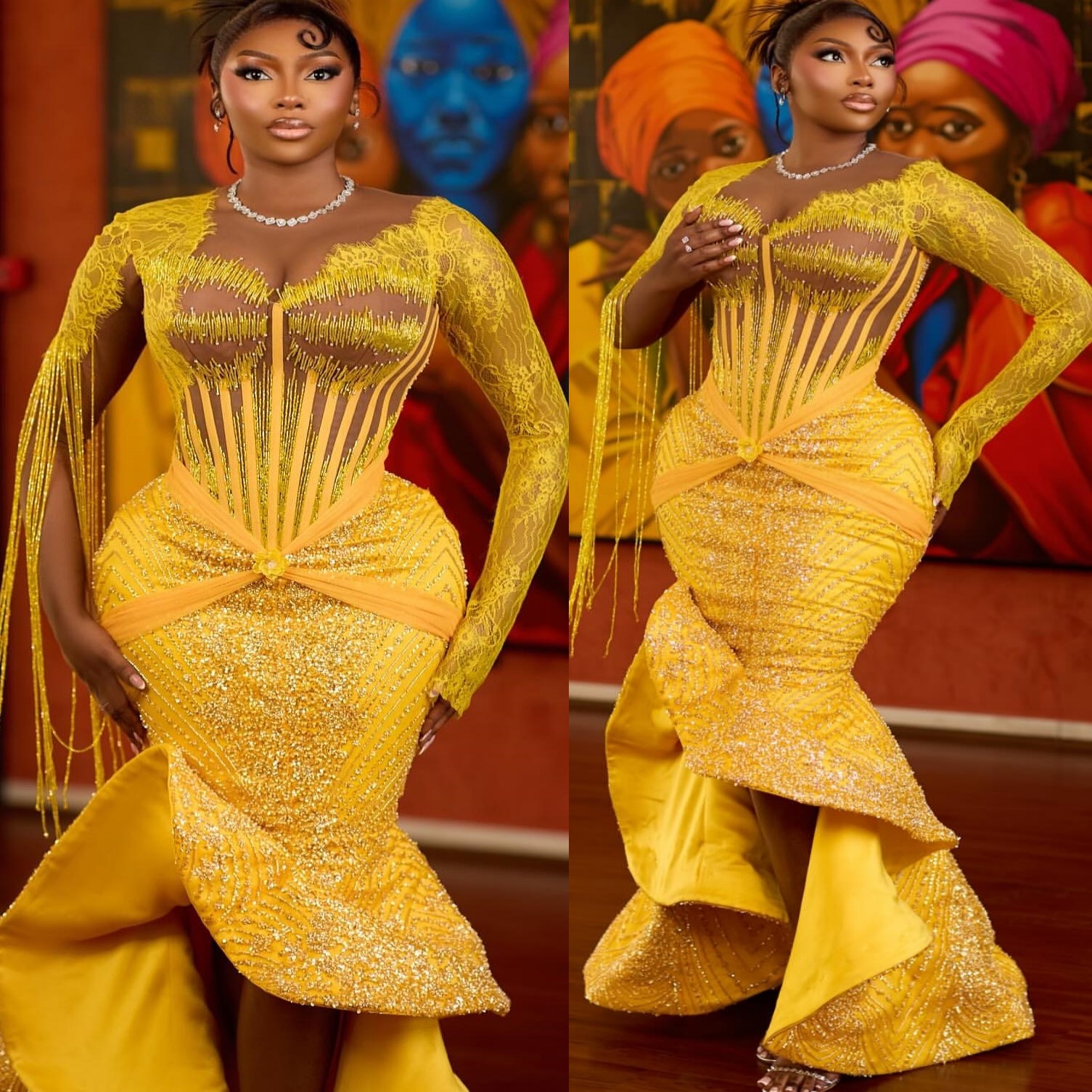Aso Ebi Yellow Mermaid Prom Dresses 2026 Lace Beadings Full Sleeves Evening Formal Party Second Birthday Engagement Gowns Plus Size Dress For Special 
