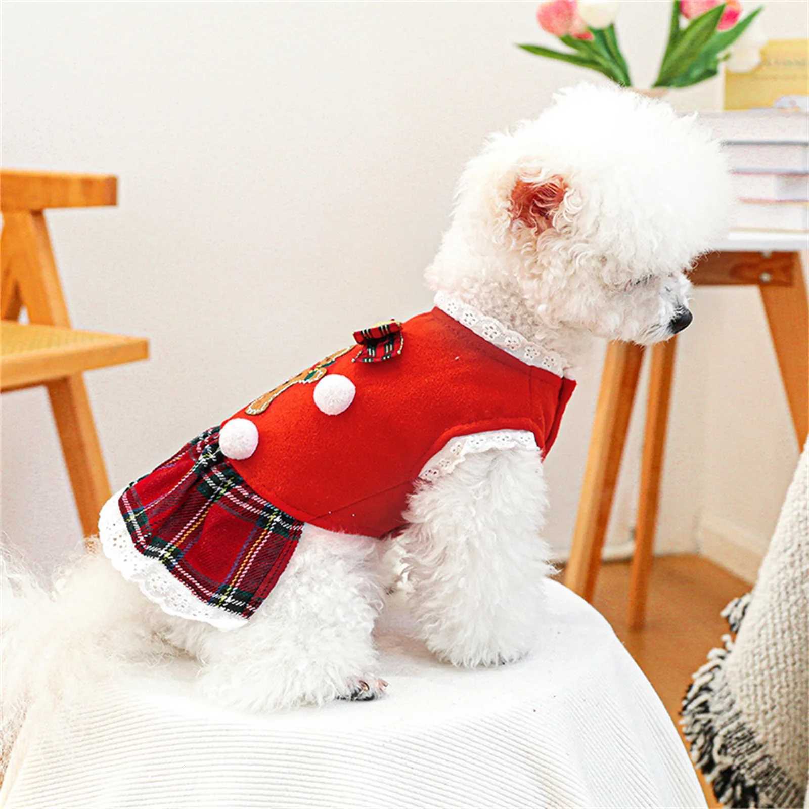 Christmas Pet Clothes Gingerbread Man Plaid Christmas Dog Dress Cat Christmas Apparel Puppy Dress Holiday Girls Dog Costume M251208