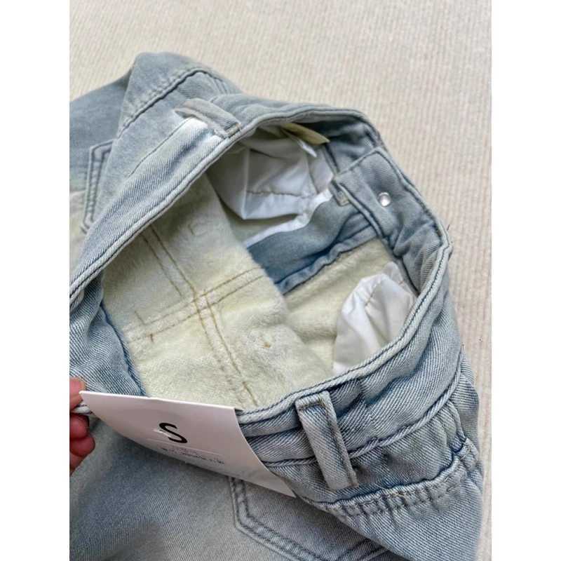 Jeans For Woman Y2k Pants 2025 Latest Light Blue American High Street Winter Fleece Loose Wide Leg Straight Long Denim TrousersT251208