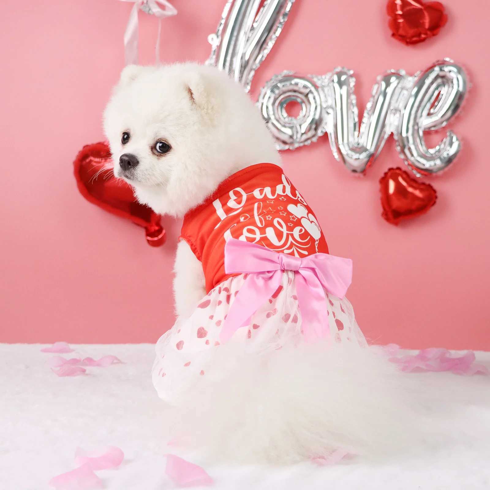 Valentines Day Pet Dress Red Top Loads of Love Cute Puppy Skirt with Heart Prints Bow - tied Doggie Outfit Clothes Apparel M251208