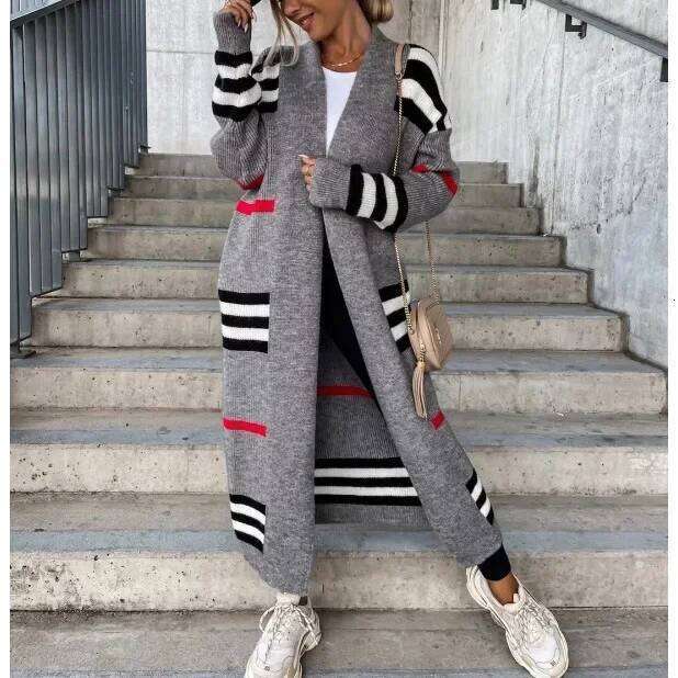 Spring Autumn Coats Casual Stripes Knitted Clothes Women Oversized Cardigan Long Sweater Coat