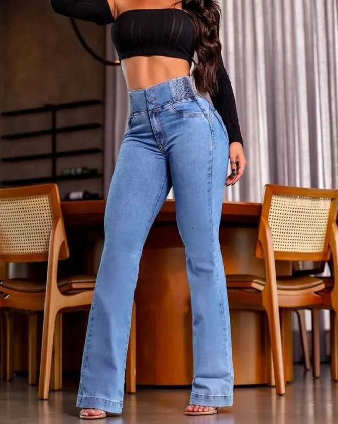 Fashionable Womens New Jeans Back Shirred Button Front High Waist Jeans Temperament Commuting Casual Comfortable JeansT251208
