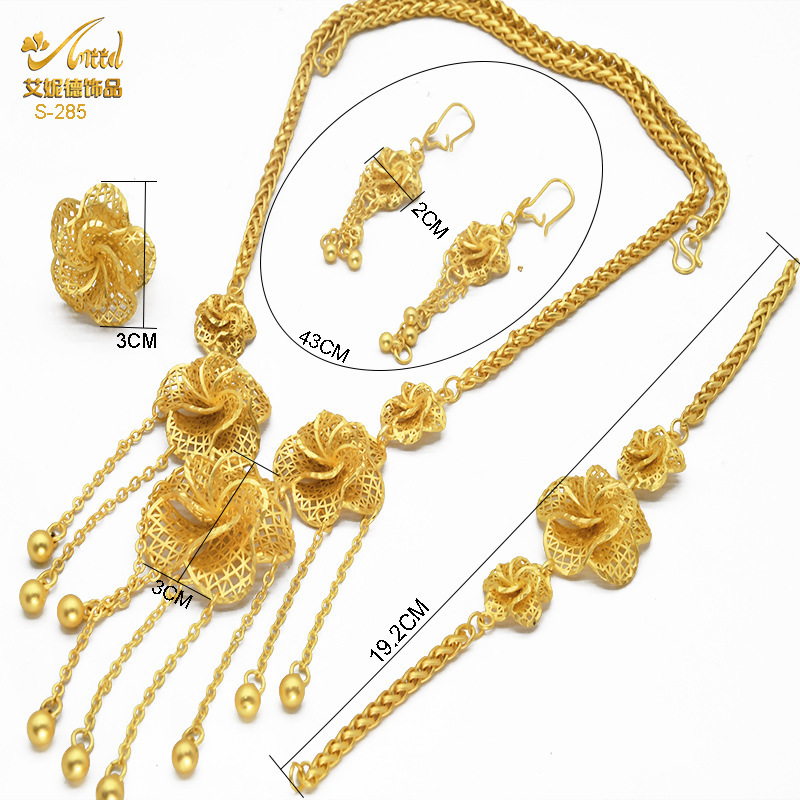ANIID Dubai Gold Plated Jewelry Set For Women Flower With Tassel Big Nigerian Indian Bridal Necklaces Earrings Rings Sets 251114