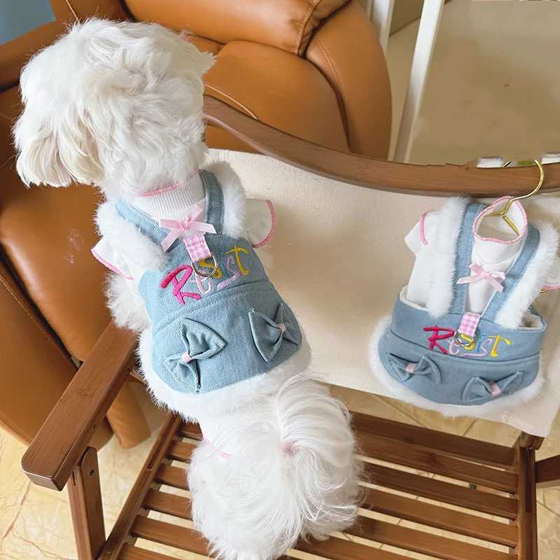 Dog Bow Denim Strap Plush Skirt Spring Autumn Dog Slip Dress Pet Denim Skirt Teddy Skirt Bear Small Dog Clothes Puppy Dress M251208