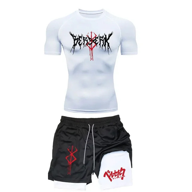Mens Sets Berserk Guts Compression Print Two-Piece Set Trendy Sports Fitness Short-Sleeve T-Shirt Casual Athletic Shorts