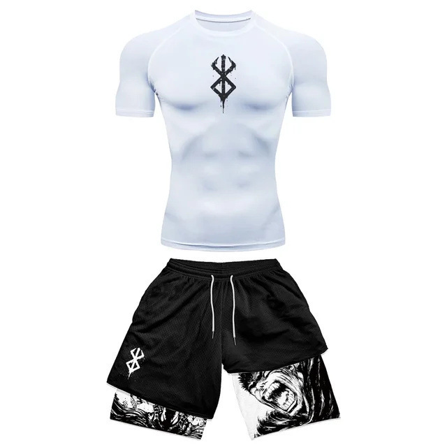 Mens Sets Berserk Guts Compression Print Two-Piece Set Trendy Sports Fitness Short-Sleeve T-Shirt Casual Athletic Shorts