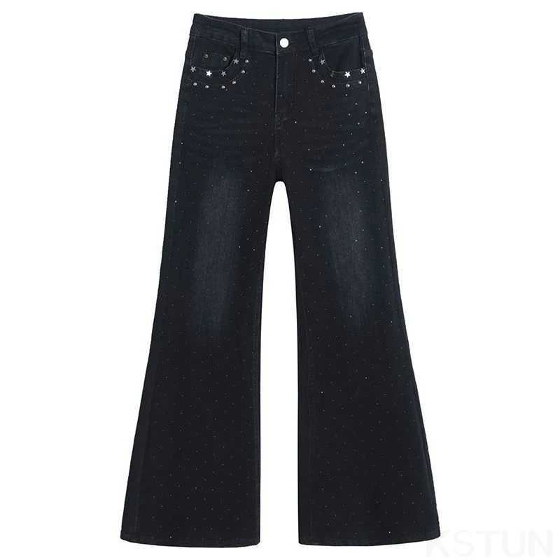 KSTUN Micro-Flared Jeans For Women High-end Black Studded Diamond Ladies Bell-bottoms Trousers High Waist Stretch Denim PantsT251208