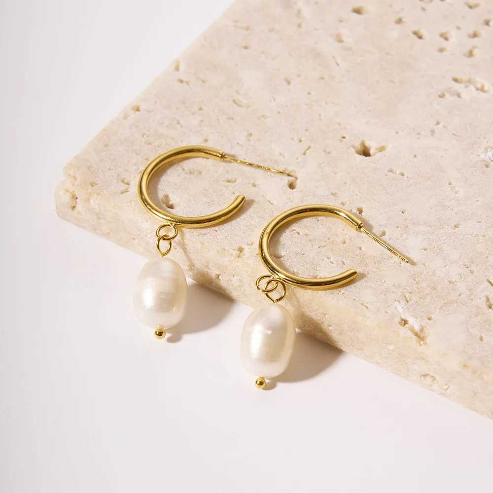 Pearl Drop Earrings For Women Gold Color Stainless Steel Freshwater Pearl Hoop Ear Accessory J251208