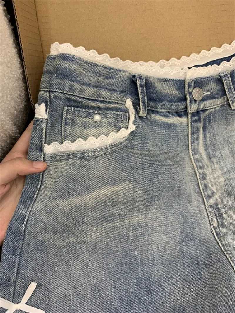 Sweet Bow Y2k Japanese Preppy Straight Jeans Women High Waist Denim Pants Wide Leg Chic Lace Patchwork Vintage TrousersT251208