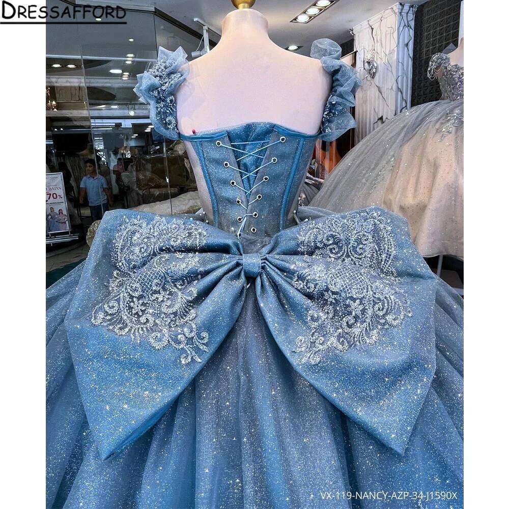 Glittered Sky Blue Quinceanera Dresses Sequin Sweetheart Off-Shoulder Tull Ball Gown Vestidos De 15 Anos XV Brithday Customized