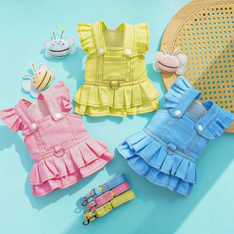 Denim Cat Dog Dress Harness With Leash Pink Yellow Blue Girls Harness Strap Skirt Outside Walking Puppy Jeans Clothing Chihuahua M251208