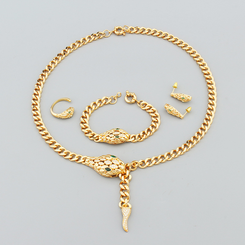New Green Eye Snake Ring Women's Bracelet Set Earrings Necklace Copper Gold Plated Micro Pave Zircon Jewelry
