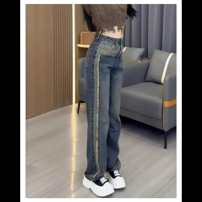 Womens Button Zipper High Waist Casual Old Tie-dye Casual Loose Straight TrousersT251208