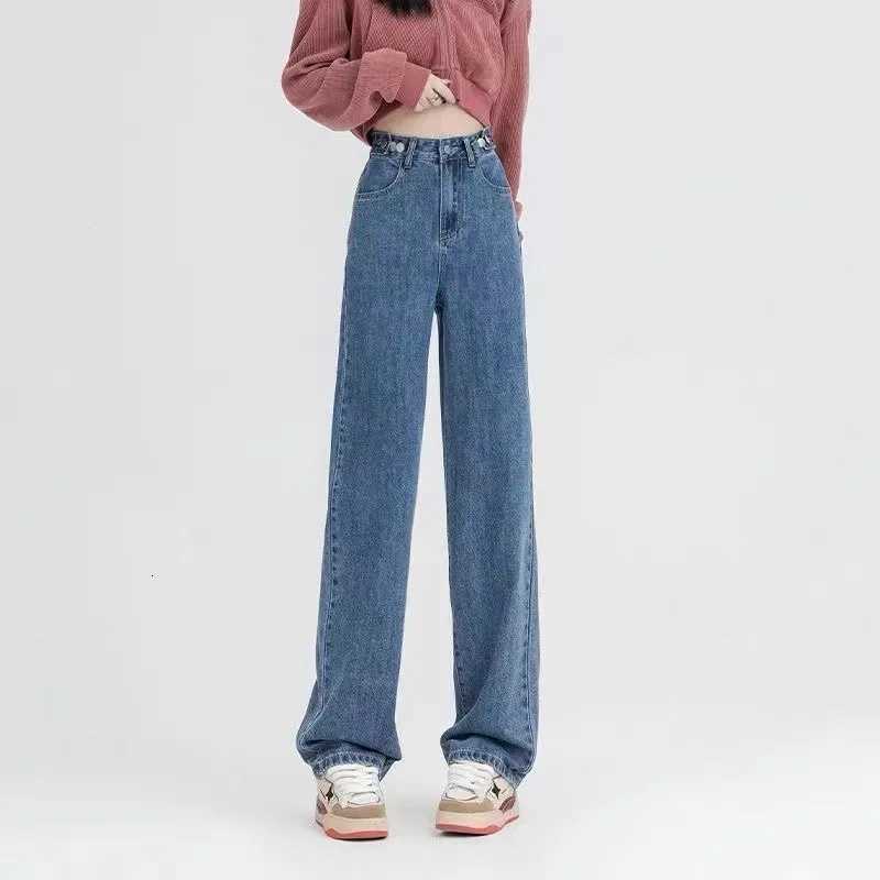 Womens Plush Thickened Warm Wide Leg Jeans Adjust Waist Slimming Draped Retro Fleece Lined Straight Denim PantsT251208