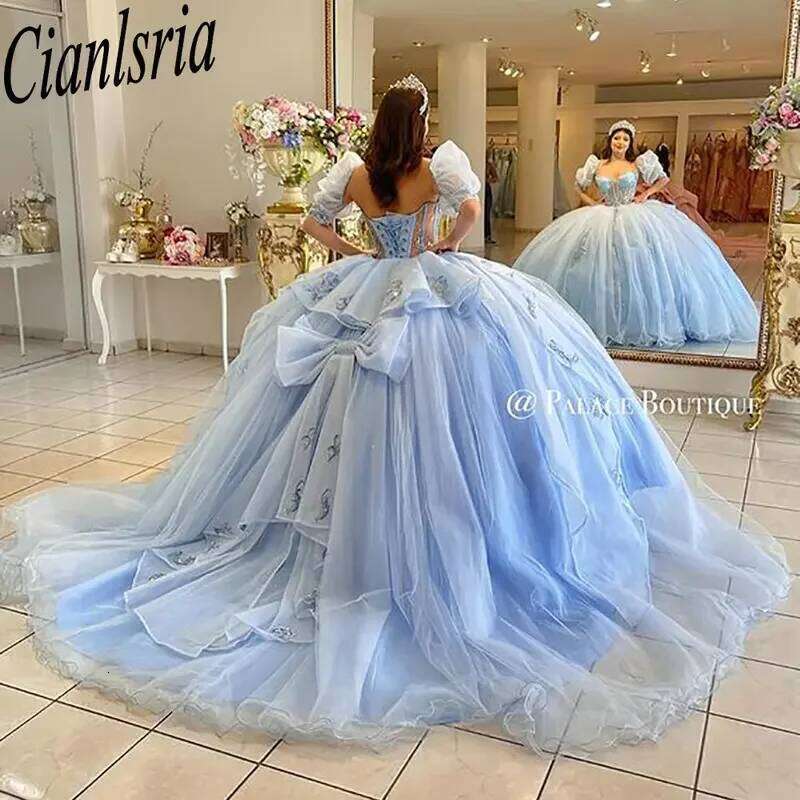 Light Blue illusion Appliques Lace Bow Quinceanera Ball Gown Sinetheart Half Night Corset Dresses Of XV Anos