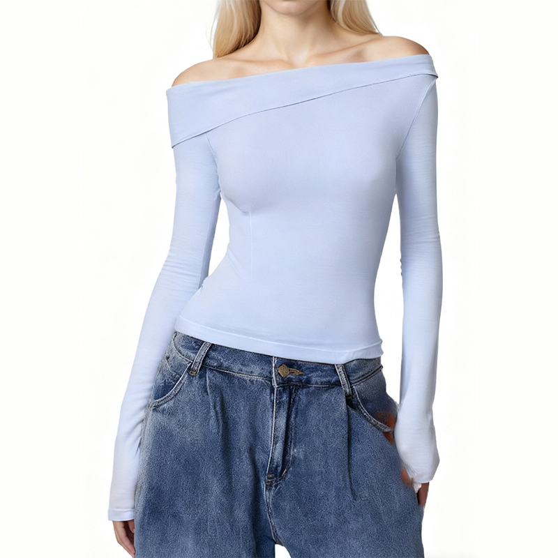 Women's Blouses Women's Asymmetrical Off-the-Shoulder Long Sleeve Crop Top - Light Blue Stretchy Knit Shirt 8184935