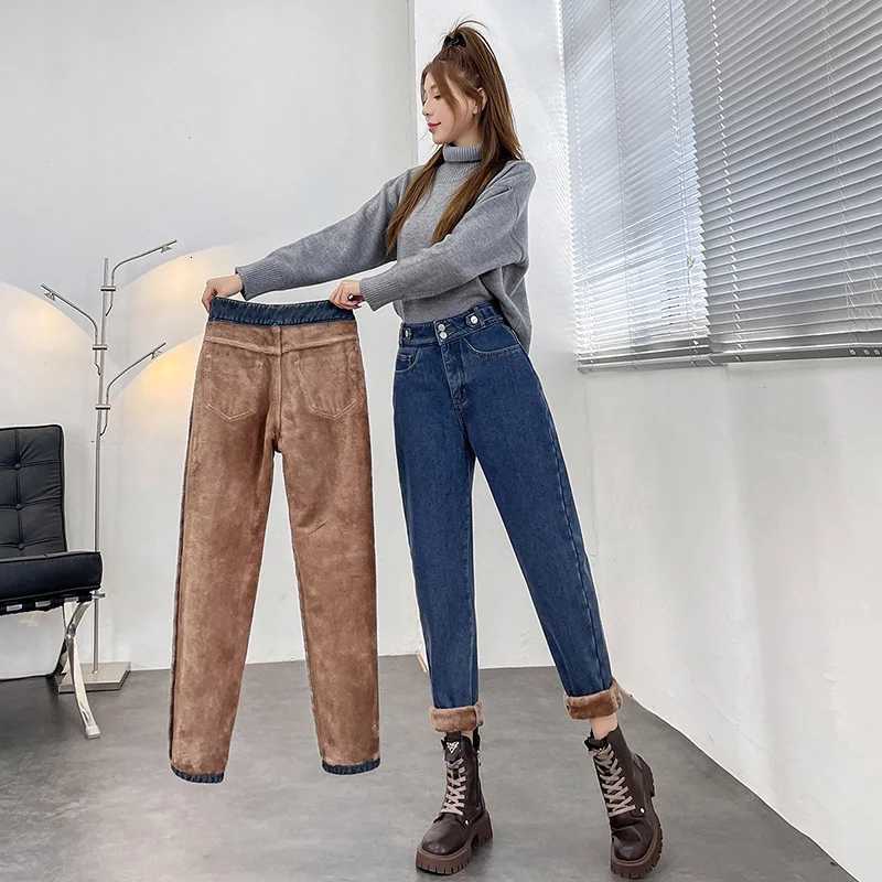 Winter Womens Warm Fleece Jeans High Waist Thick Straight Denim Harem Pants Plus Size Loose Trousers Lady High Waisted JeansT251208