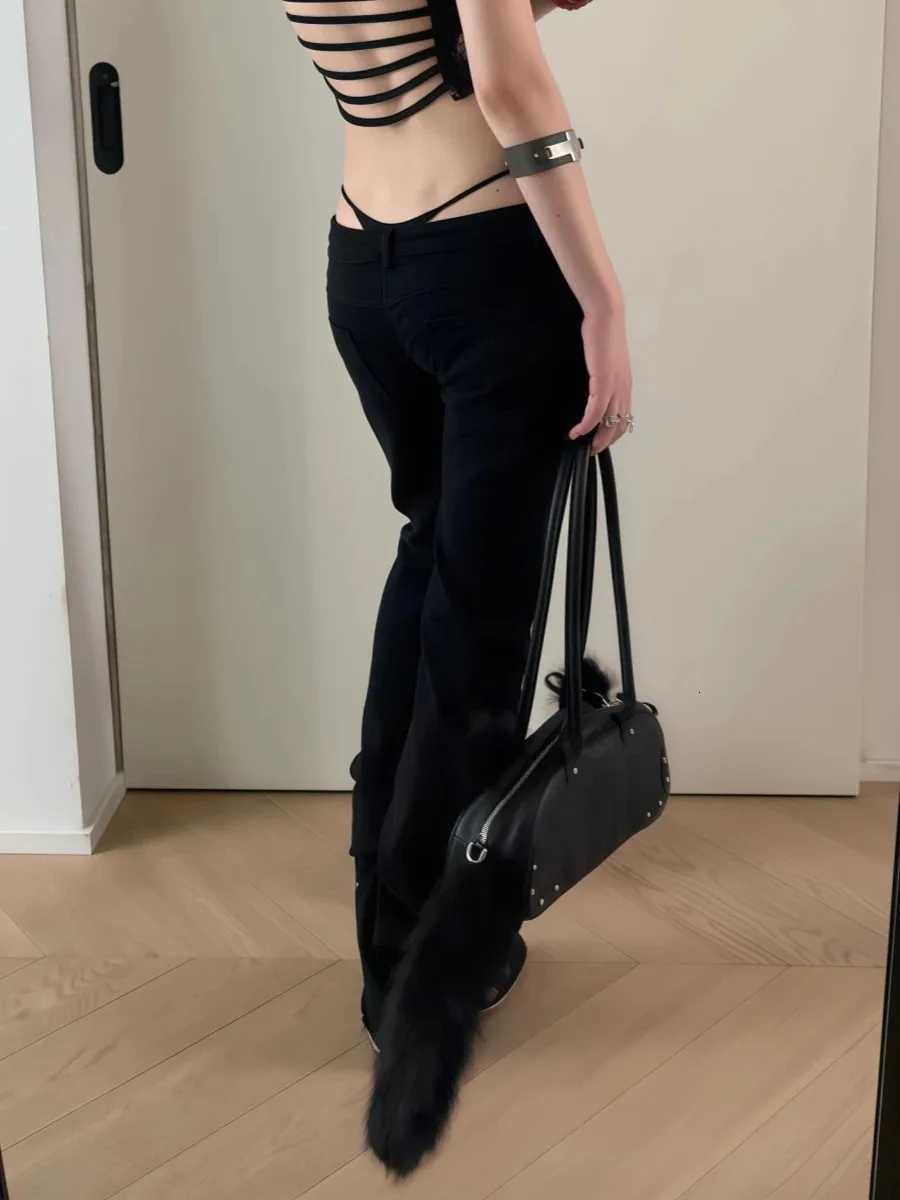 Womens Low Rise Jeans Black Flared Denim Pants Gyaru American Retro Korean Cyber Punk Trumpet Jeans Y2k Skinny Bell Bottom NewT251208