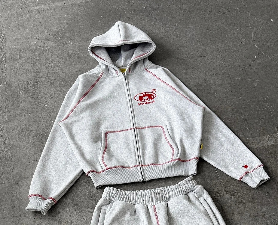 Mens Y2K 2 Piece Tracksuit Set Oversized Hoodie Sweatpants Contrast Stitch Loungewear Fleece Outfit Grey Athletic Jogger Suit 251204