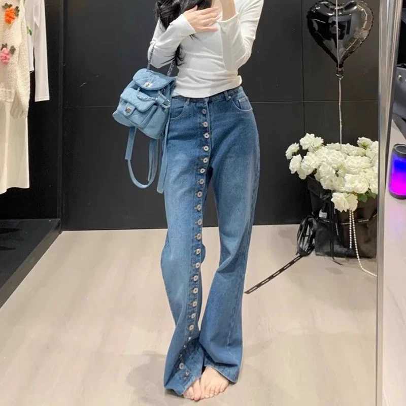 American high street breasted design straight jeans womens autumn and winter new high waist design fashion loose slim pantsT251208
