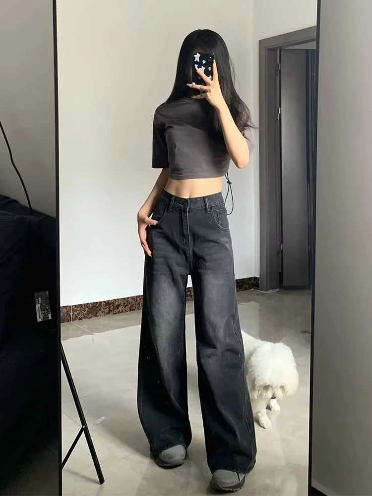 Korean Vintage High Waist Womens Jeans Y2K Slimming Pear-Shaped Loose Straight Bell Bottoms Black Gray Baggy Denim TrousersT251208