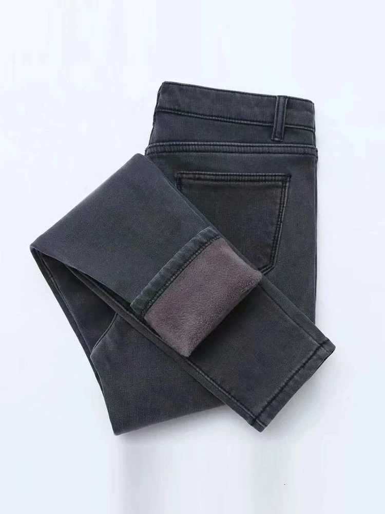 Winter high waist jeans women Thick warm stretch skinny pencil pants Female Simple casual black trousersT251208