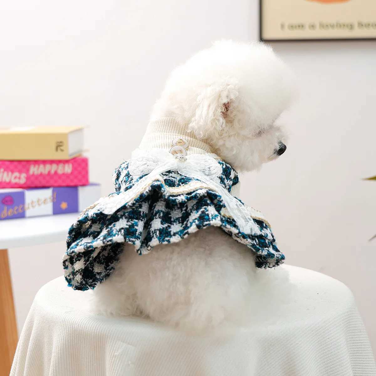 Autumn Winter New Pet Clothes Dog Cat Warm Comfortable Houndstooth Dress With Bowknot Princess Clothe For Small Dog M251208