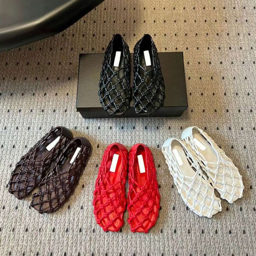 2025 new Breathable fashion minimalism Summer Red Handmade Rope mesh woven Hollow out loafers Flat sandal slip on slide Luxury designer shoe woman holiday shoes