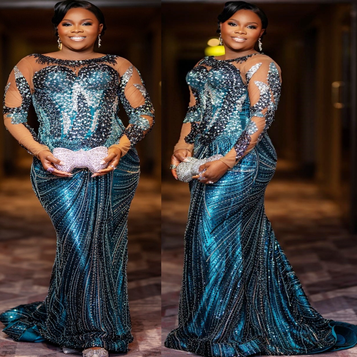 Aso Ebi Hunter Blue Mermaid Prom Dresses 2026 Sheer Neck Sequined Evening Formal Party Second Birthday Engagement Gowns Plus Size Dress For Special Oc