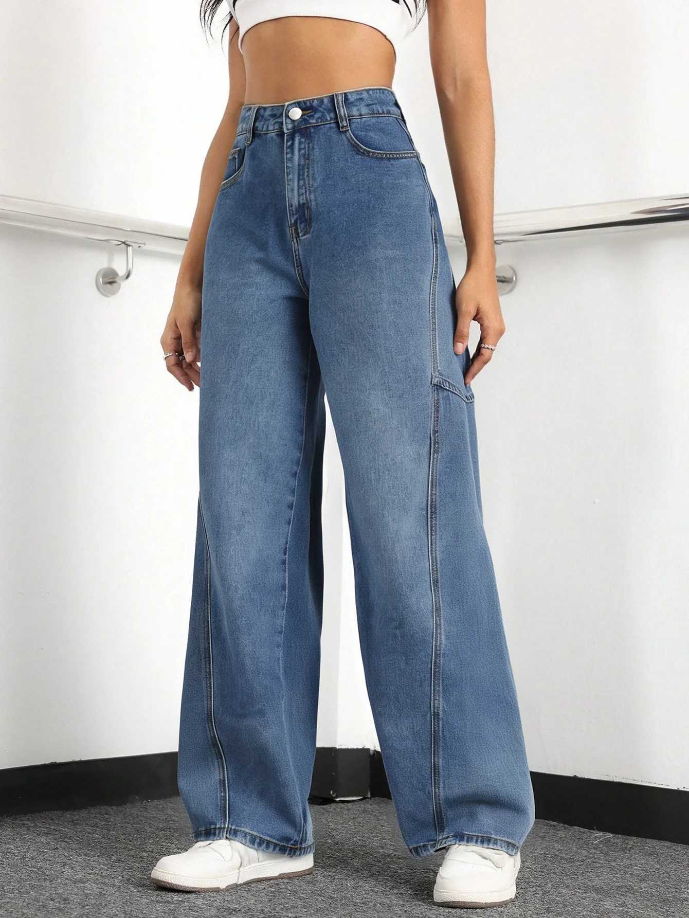 Womens High - Waisted Wide Leg Cargo Jeans Baggy Denim Workwear PantsT251208