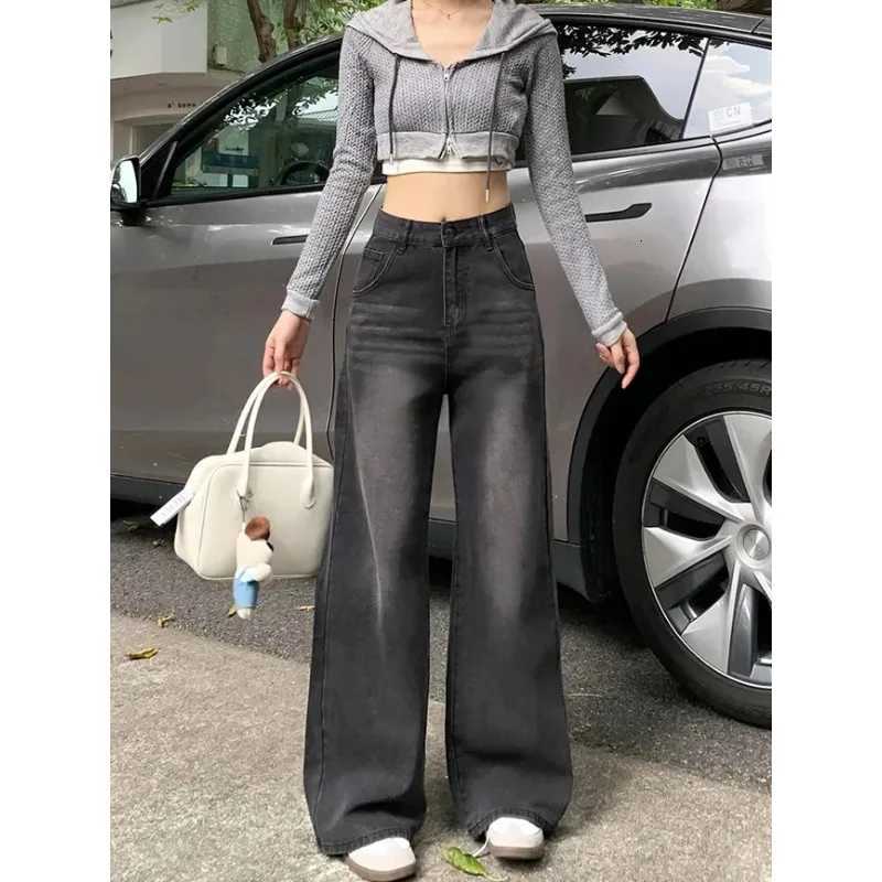 Casual High Waist Jeans Denim Loose Fit Personality Vintage Black Gray Straight Leg Wide Leg Trousers Women Womens pantsT251208