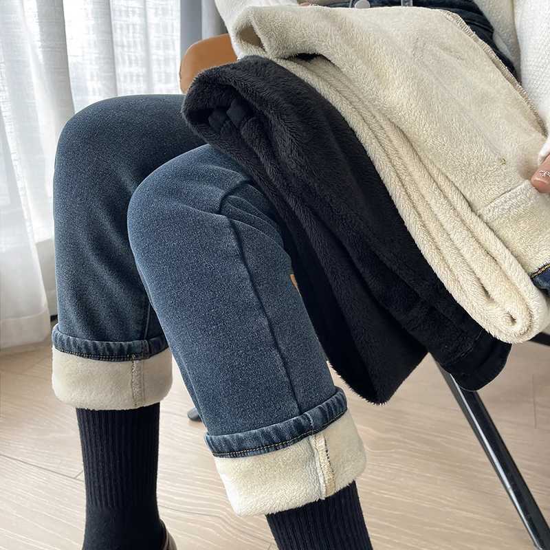 Warm Y2k Pants For Woman Autumn Winter Jeans High Waist Stretch Slim Straight Leg Trousers New Thick Fleece Lined FashionT251208