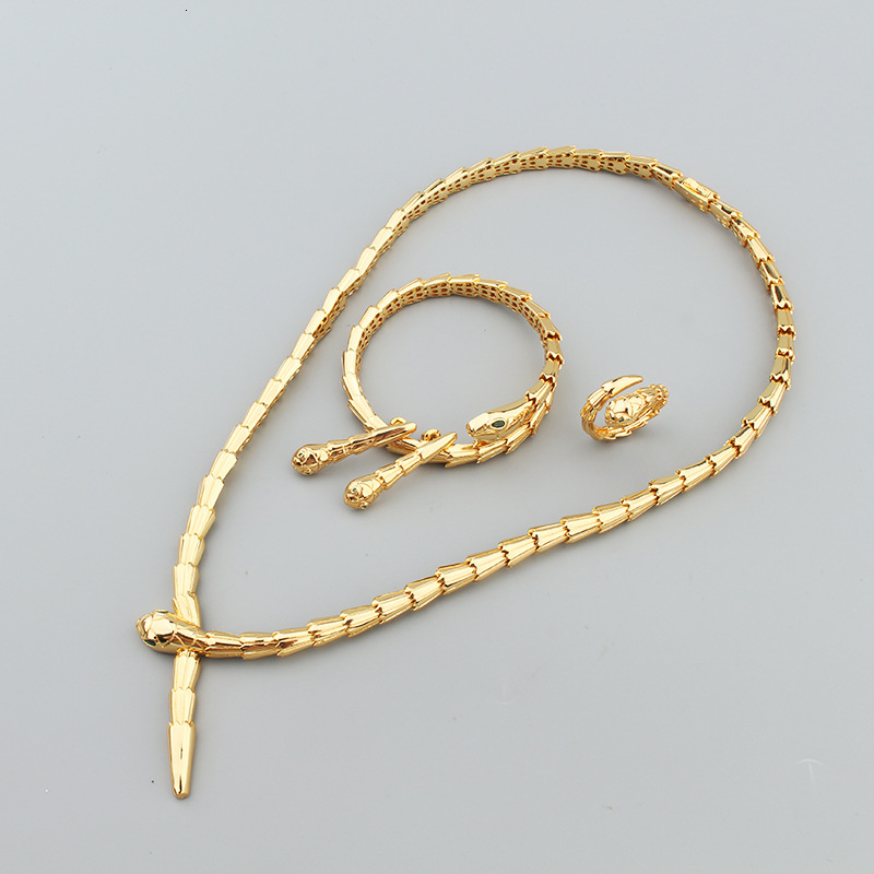 American Retro Style Green Eye Bracelet Ring Copper Gold-Plated Women's Necklace Earrings Banquet Wedding Jewelry Set D0