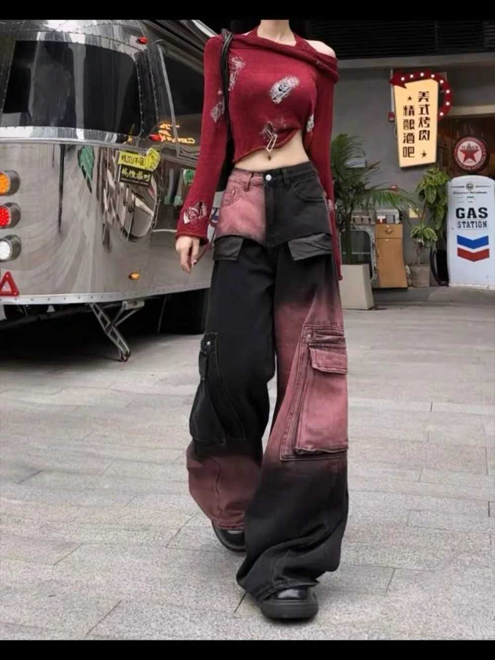 Plus Size Gradient Utility Jeans 2025 Dropped Waist Cargo Pants Venusian Silhouette Aesthetic Wide Leg Summer TrousersT251208