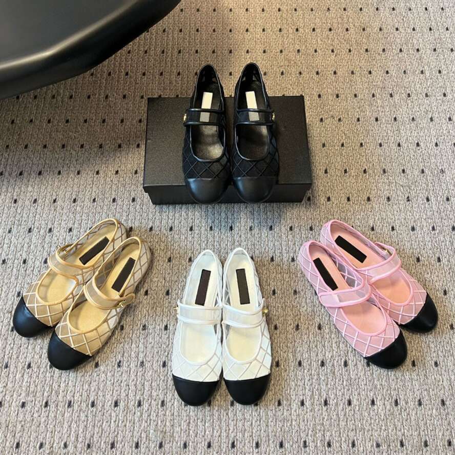 designer shoe woman Luxury double C-buttons Breathable new Round-toed Mesh Lace Ballet flats Mary Jane shoes strap loafers womens flat Dress office Vacation shoes