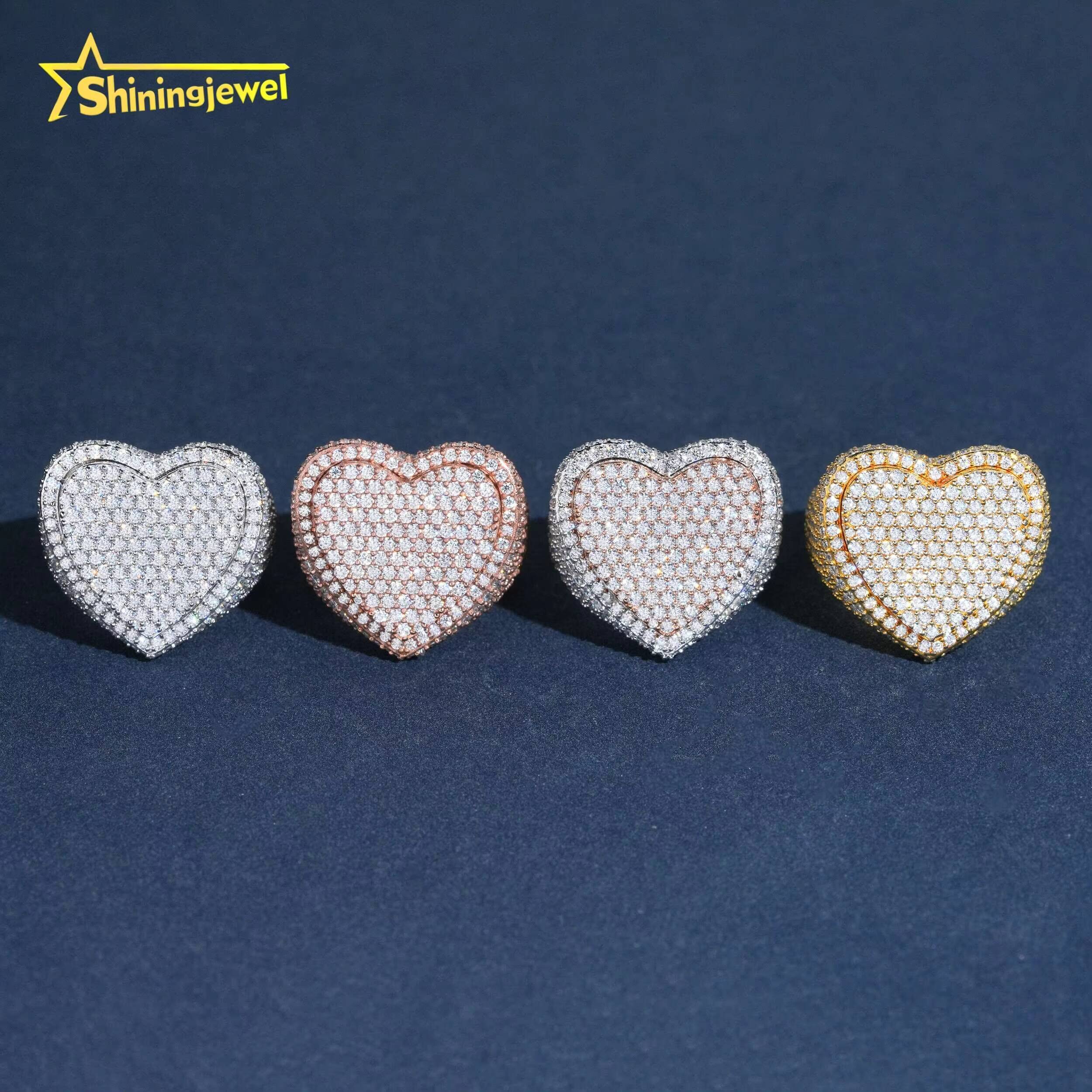 Fine Jewelry Fast Shipping Iced Out Heart Two Tone Hip Hop 925 Sterling Silver Moissanite Rings