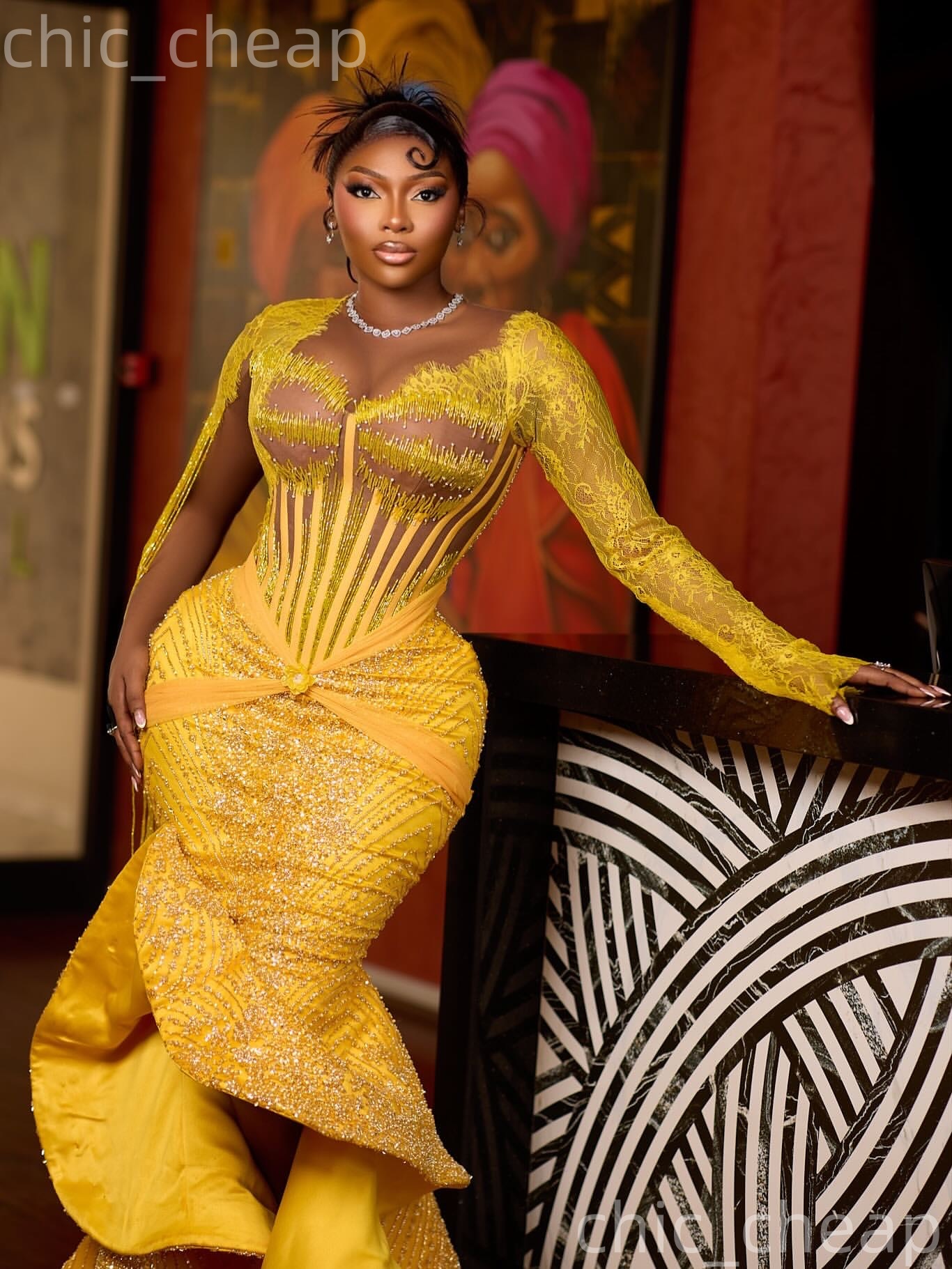 Aso Ebi Yellow Mermaid Prom Dresses 2026 Lace Beadings Full Sleeves Evening Formal Party Second Birthday Engagement Gowns Plus Size Dress For Special 