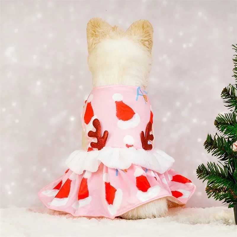 Dog Christmas Costume Christmas Hat Print Pet Cat Dress with Antlers Cosplay Clothes Outfit for Party Decoration M251208