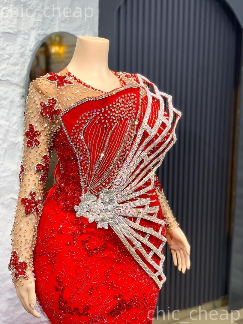 Aso Ebi Red Mermaid Prom Dresses 2026 Beaded Crystals Sequined Stylish Evening Formal Party Second Birthday Engagement Gowns Plus Size Dress For Speci