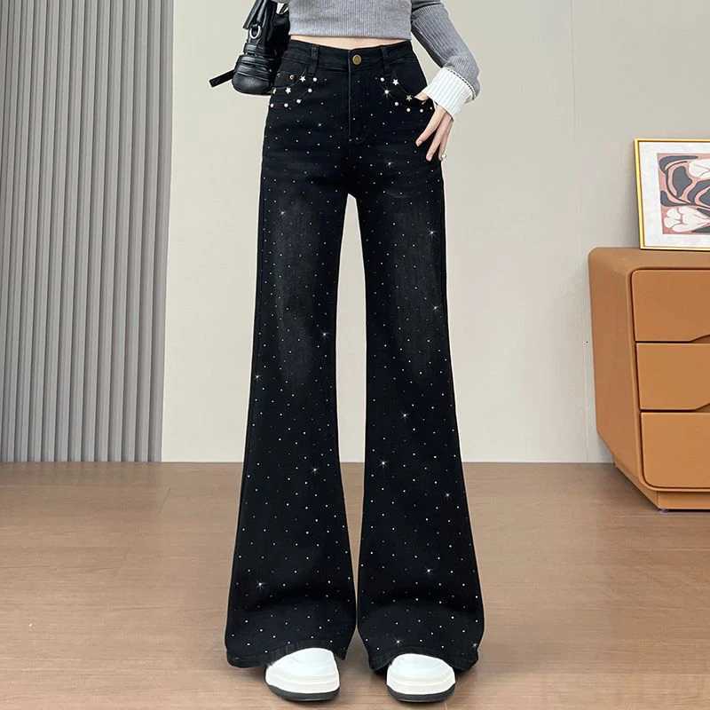 KSTUN Micro-Flared Jeans For Women High-end Black Studded Diamond Ladies Bell-bottoms Trousers High Waist Stretch Denim PantsT251208