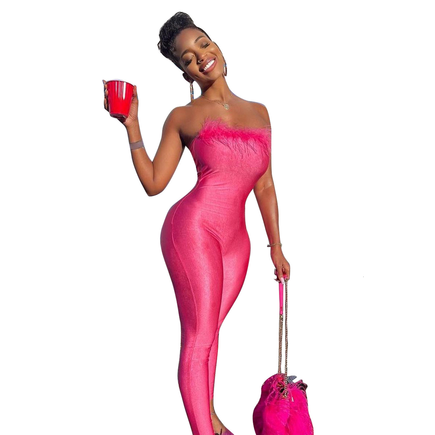 Velvet Feather Jumpsuits Elegant Outfit Bodycon Winter Clothes Long Sleeve One Piece Women Club Jumpsuit Bodysuit 241224