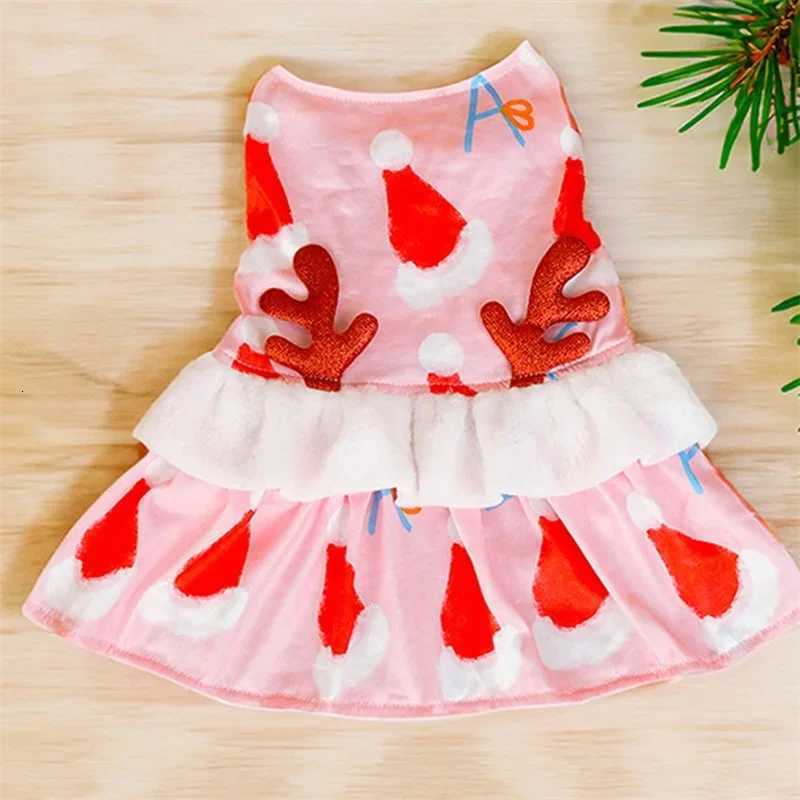 Dog Christmas Costume Christmas Hat Print Pet Cat Dress with Antlers Cosplay Clothes Outfit for Party Decoration M251208