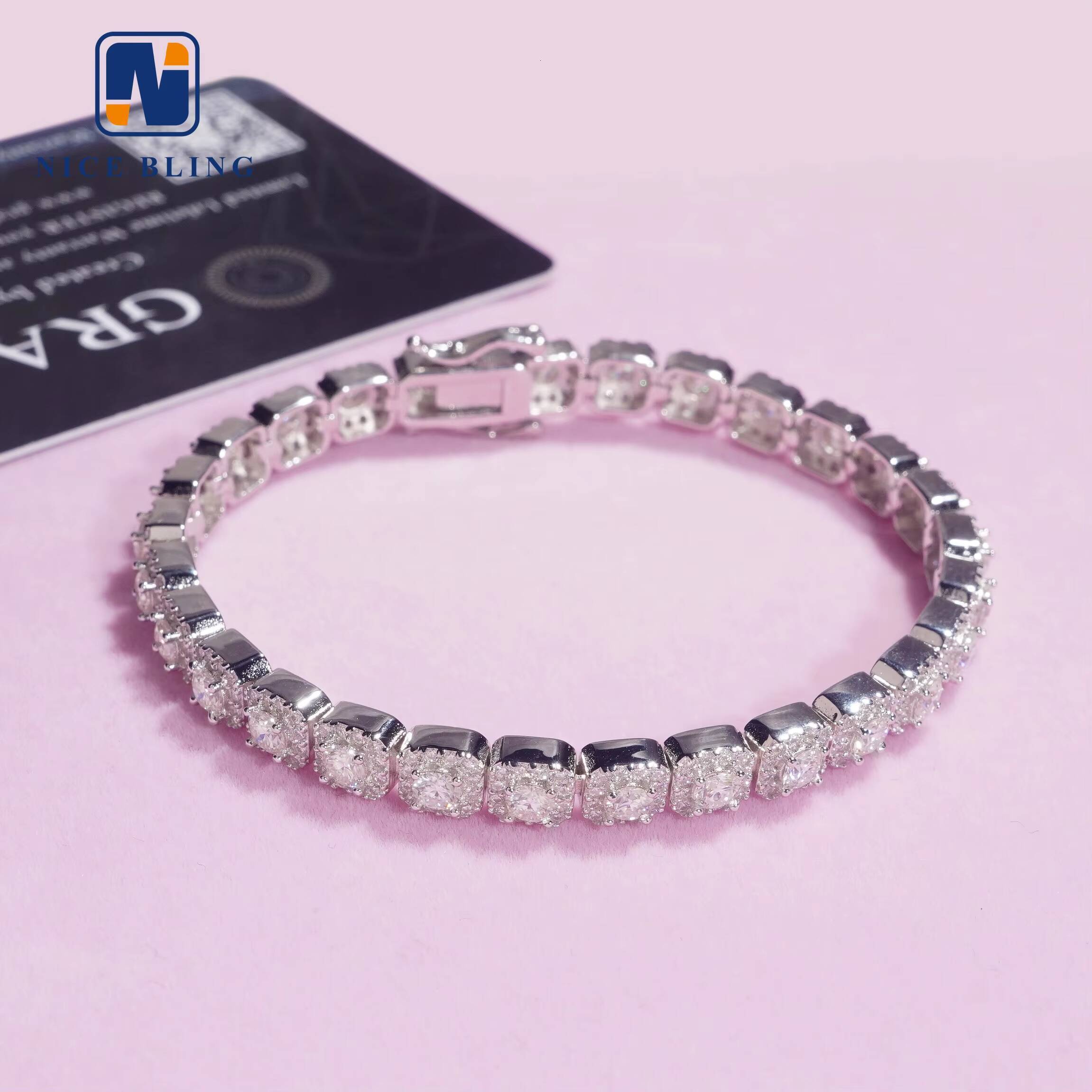 Iced Out Jewelry Moissanite Cuban Bracelet 925 Silver 6mm Cluster Moissanite Diamond Bracelets Pass Diamond Tester