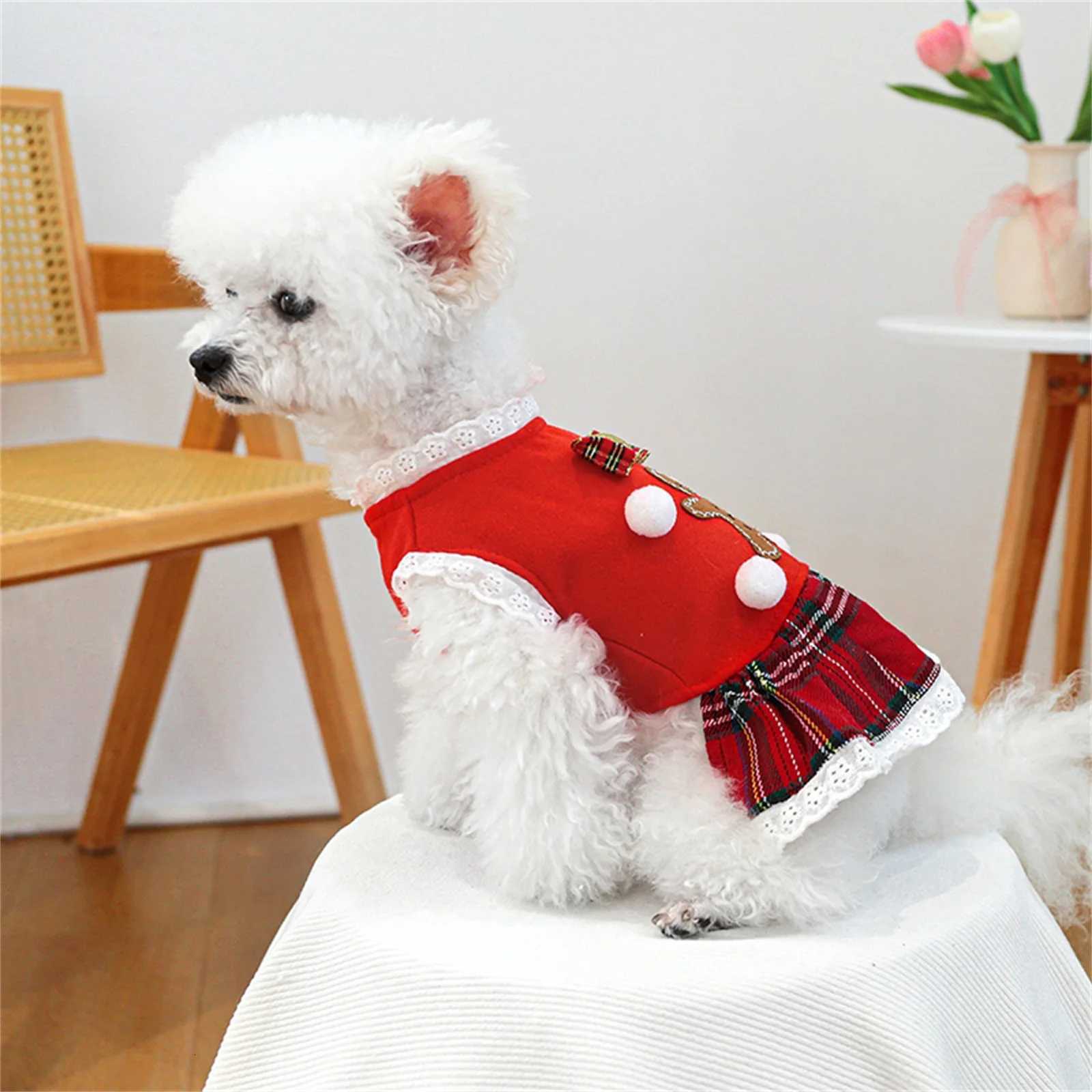 Christmas Pet Clothes Gingerbread Man Plaid Christmas Dog Dress Cat Christmas Apparel Puppy Dress Holiday Girls Dog Costume M251208